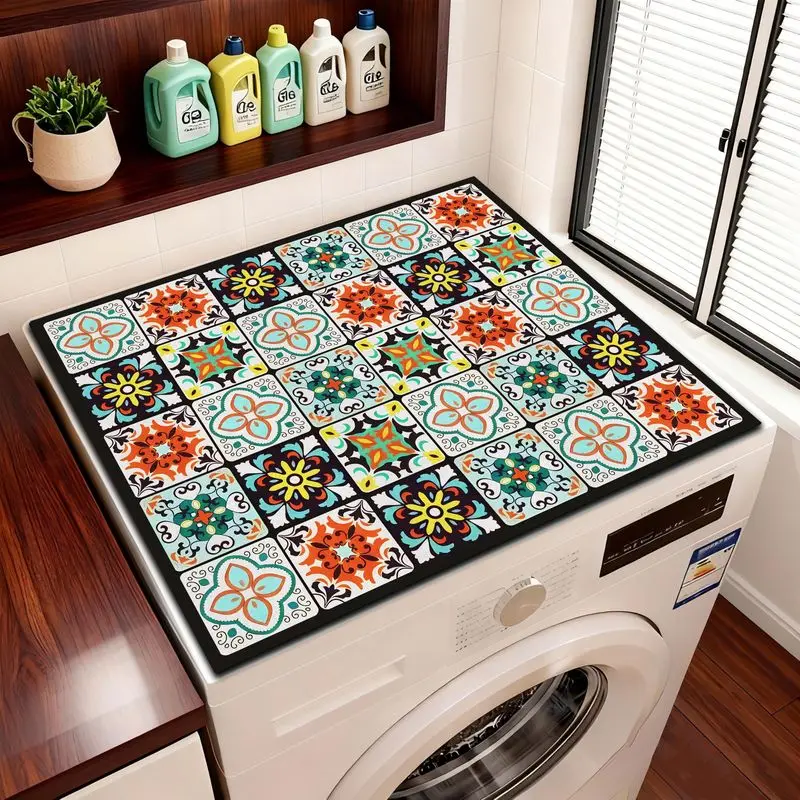 VIKAMA Vintage Floral Tile Washing Machine Top Mat Non Slip Water Absorbent Dust Protector Pad Balcony Laundry Room Home Decor