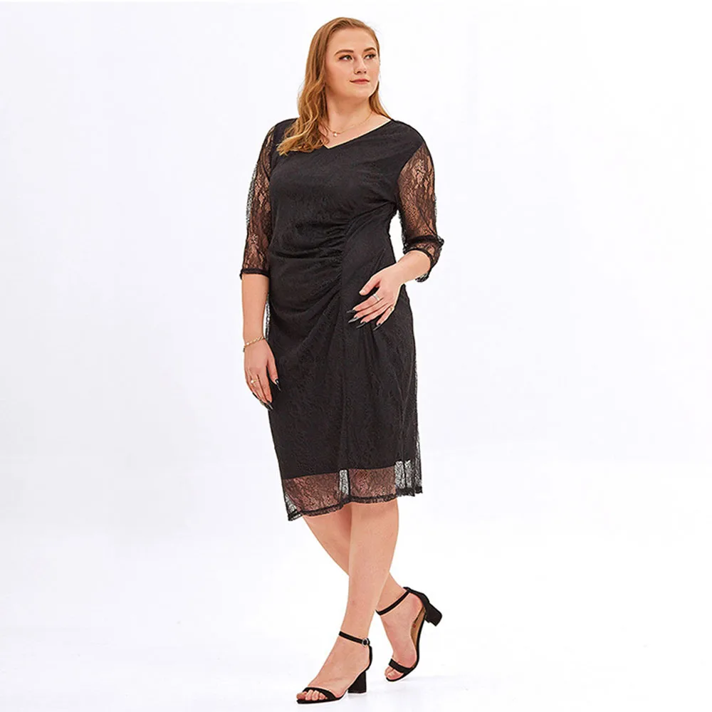 Plus Size Dresses Women 2023 Elegant Slim Ruched Straight Midi Dress Sexy V-neck Lace Half Sleeve Evening Party Dresses Big Size