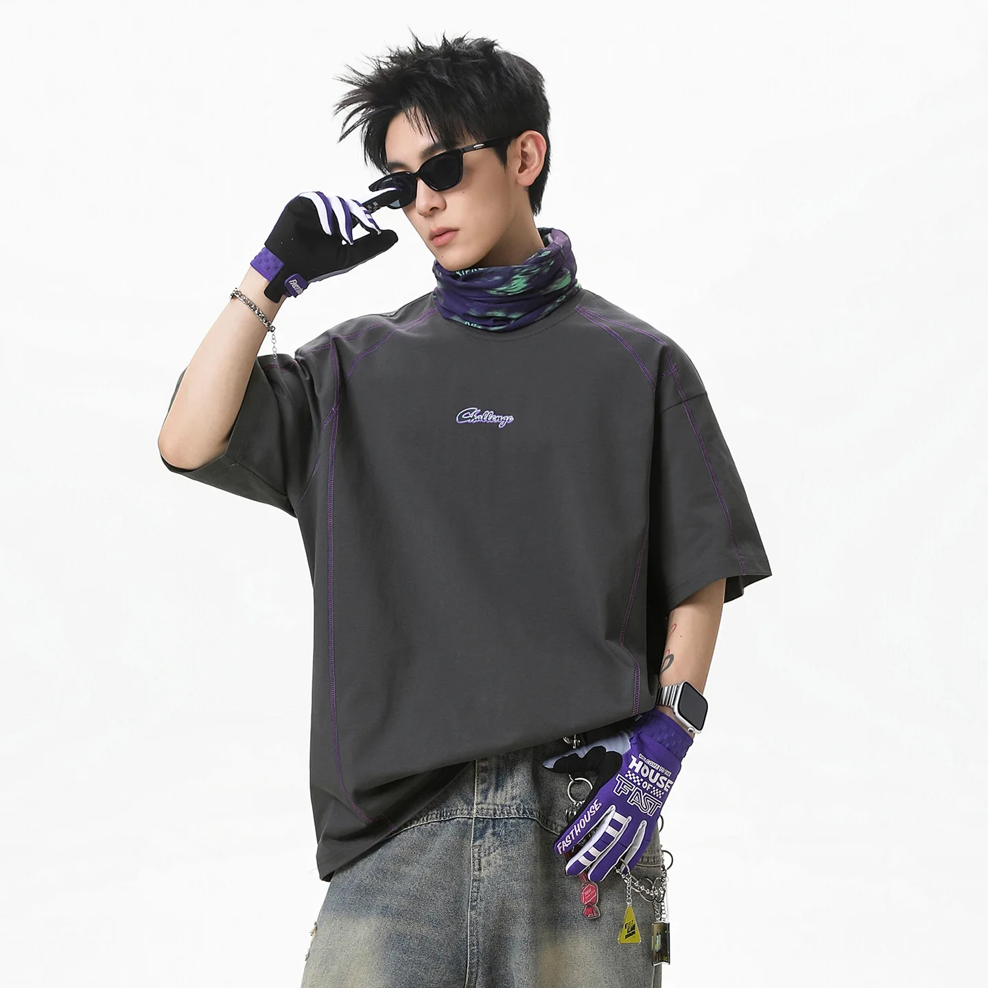 TFETTERS 2026 Summer Top High Street Men's Graphic Tee Contrast Stitching Raglan Sleeve Cotton Daily Casual Short Sleeve T-Shirt