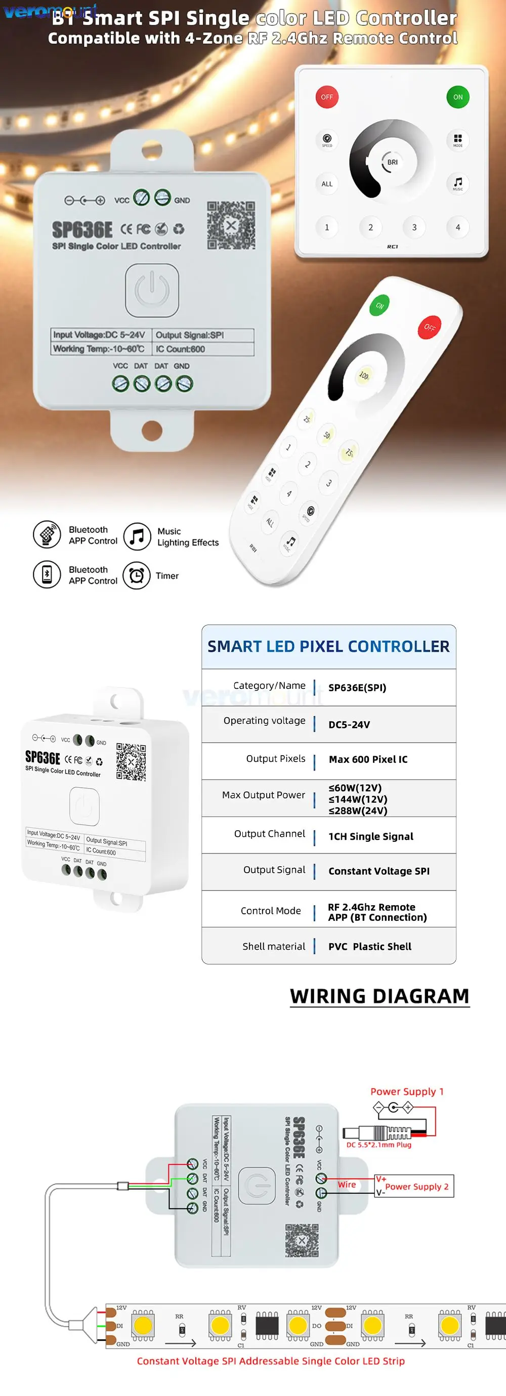 SP636E-SP639E SPI FCOB Pixels LED Controller SK6812 WS2814 RGBW WS2812B RGB Light Strip Bluetooth Music IOS Android 2.4G 5V-24V