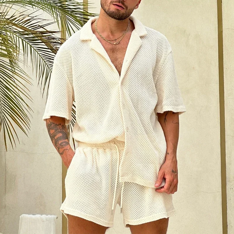 Beach Style Breathable Knitted Mens Set Summer Casual Pure Color Short Sleeve Knit Shirt And Shorts Two Piece Suits Men Outfits