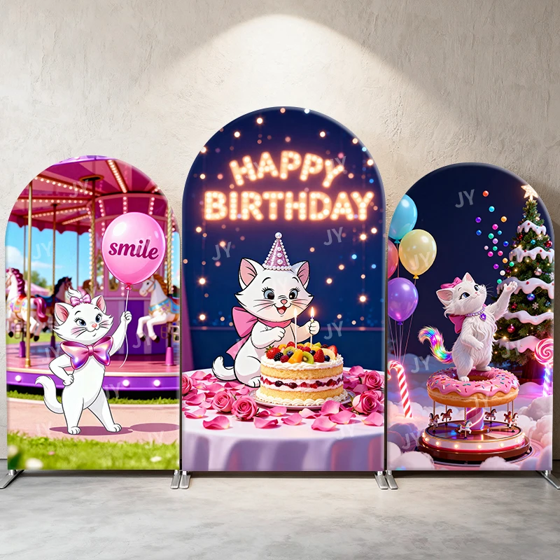 

Marie Cat Arch Backdrop Cover Happy Birthday Carousel Scene Cartoon Theme Kids Birthday Baby Shower Photo Booth Decor Background