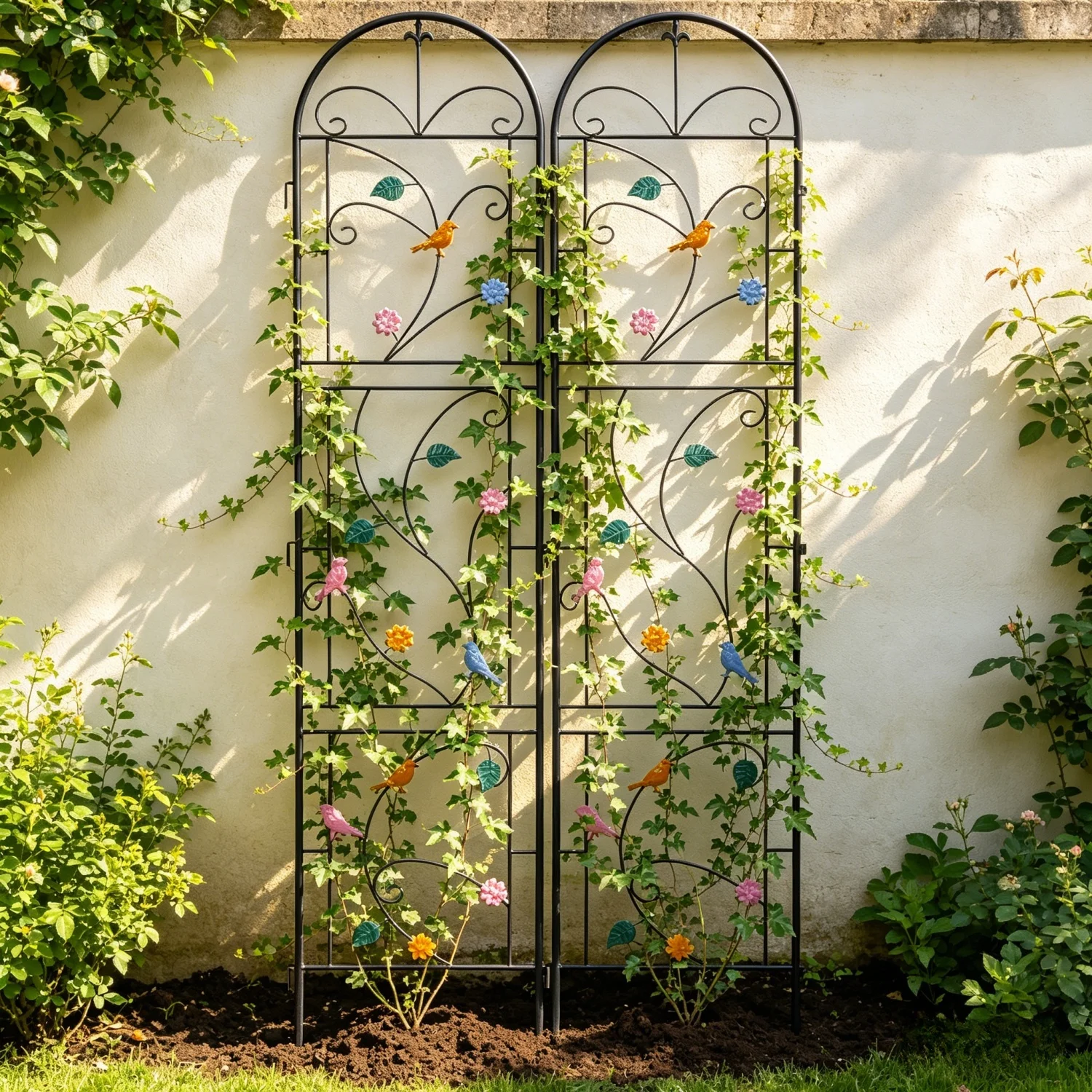qp- Tall Metal Garden Trellis Rustic Iron Arch Decoration Support Trellis Fence Birds Flowers for Climbing Plants Roses Vine-