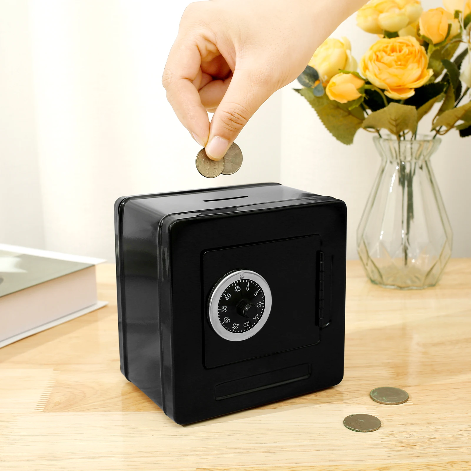 Steel Piggy Bank Black Piggy Deposit Bank with Combination Lock Fall-proof Cash Coins Saving Storage Box for Kids Adults Gift