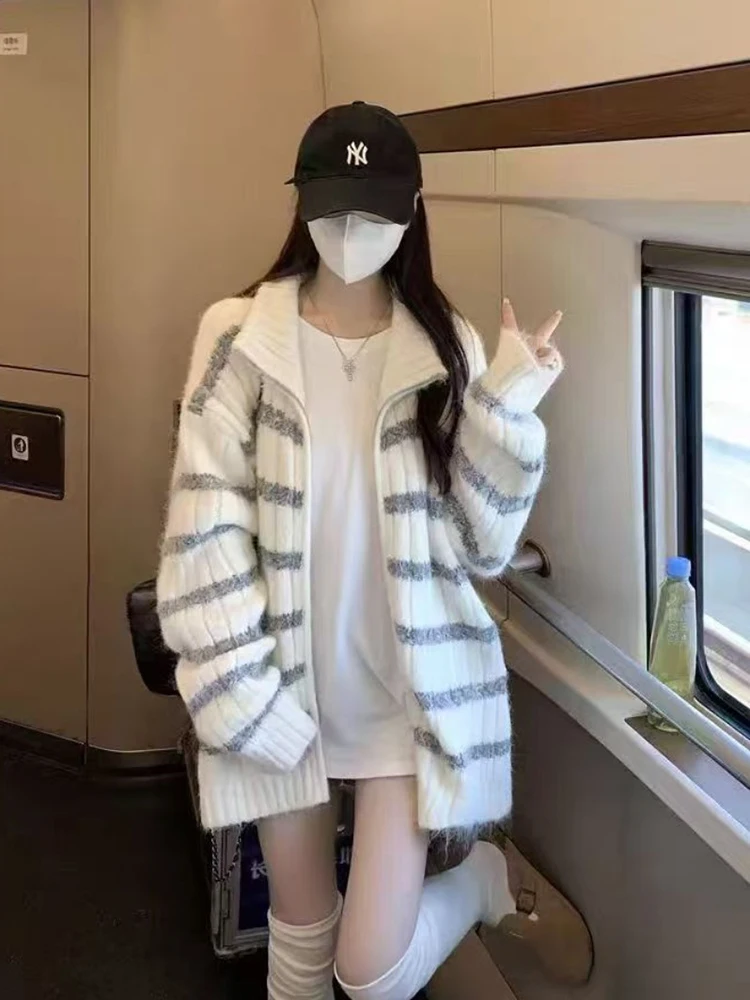 

Осень-зима, новый универсальный вязаный кардиган с воротником-стойкой на молнии, женский ретро ленивый свободный полосатый свитер, куртка