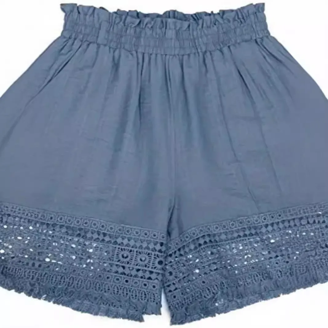 Women's Summer Shorts Cotton High Waist Blue Short Pants Loose Fit Patchwork Lace Trim Fringe Hem Casual Shorts
