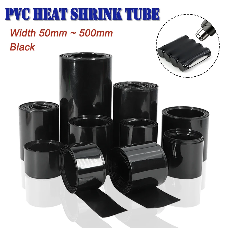 1/5m Black PVC Heat Shrink Tube Width 50mm ~ 500mm Insulated Sleeve Protection Wrap 18650/21700/26650 Lipo Battery Films Case
