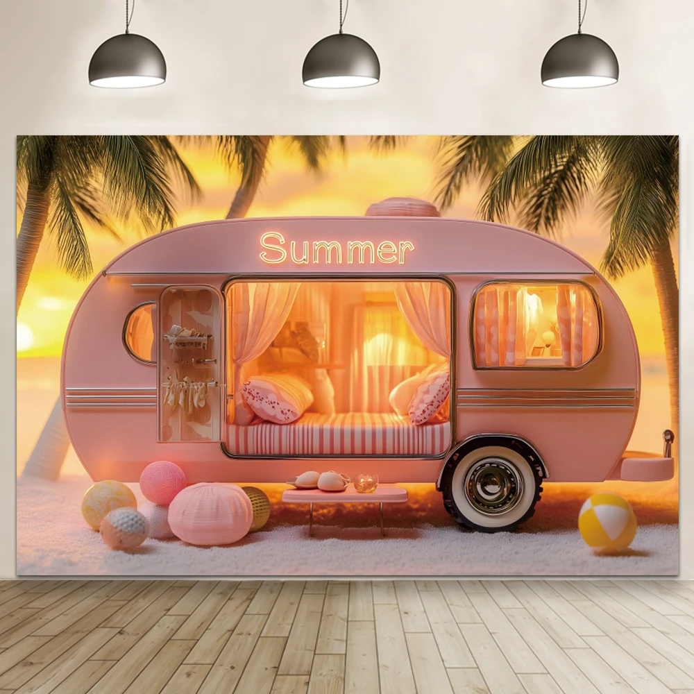 Fondo de fotografía verano palmera playa Rosa coche puesta de sol atardecer Camping fiesta de cumpleaños retrato telón de fondo accesorios de estudio fotográfico