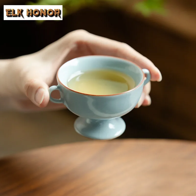 

55ml Azure Ru Kiln Double-ear High Foot Teacup Antique Tea Bowl Jug Tea-tasting Meditation Cup Chazhan Master Cups Tea Services