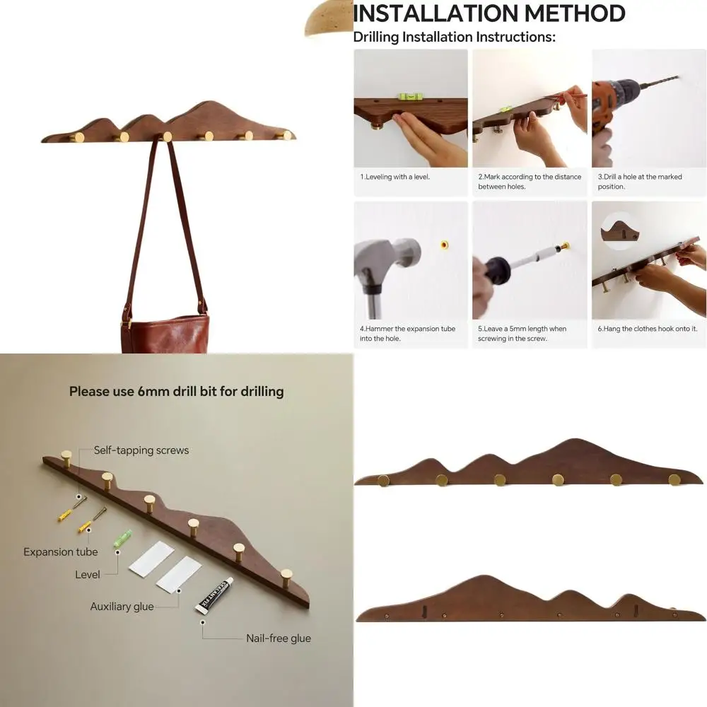 

Настенная вешалка для одежды из орехового дерева с 6 латунными крючками, влагостойкое покрытие для домашнего декора