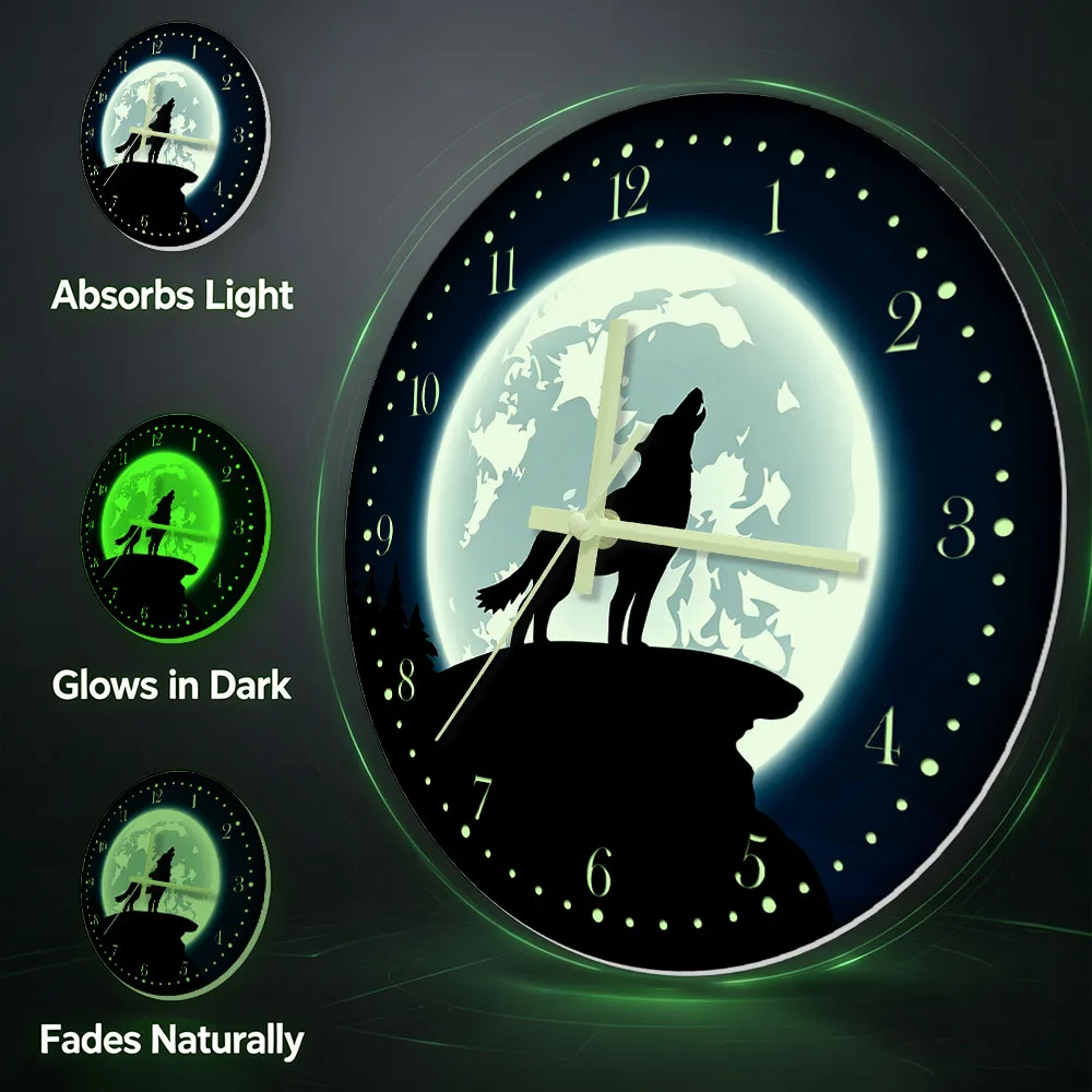 Night Visible Wolf Howling Full Moon Glow in Dark Wall Clock for Man Cave Bedroom Living Room Home Decor Luminous Wall Clock