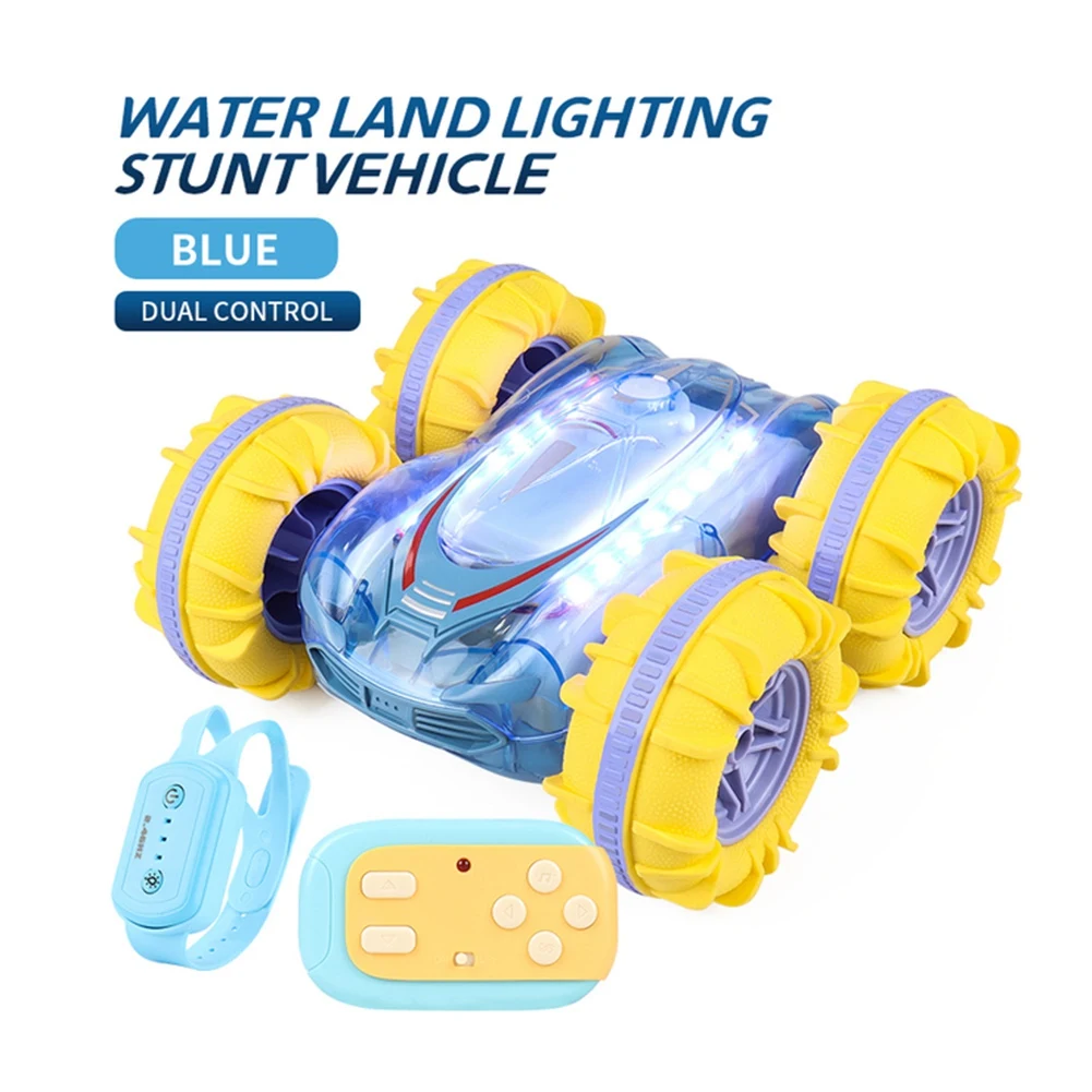 2.4G RC Stunt Car Transparent Light Amphibious Vehicle Double Sided Stunt RC Car Gesture Rolling Toys for Kids Blue