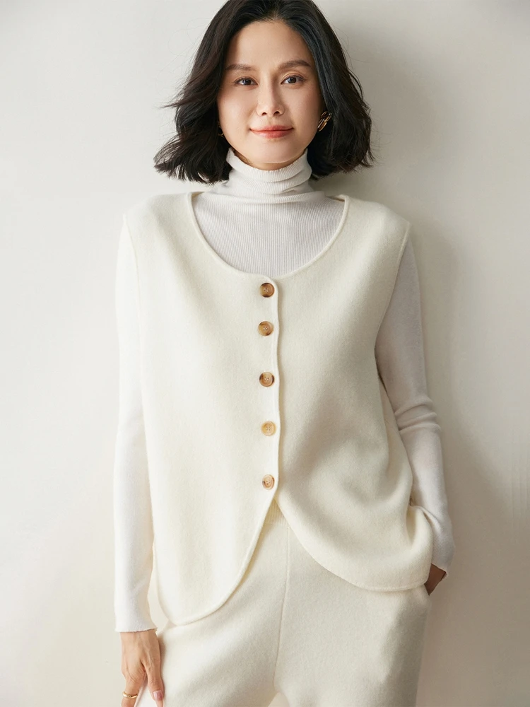 100% Cashmere Cardigan Vest Sweater Women Autumn Winter Single Breasted Sleeveless Fit Slimming Soild Knitted Waistcoat Elegant