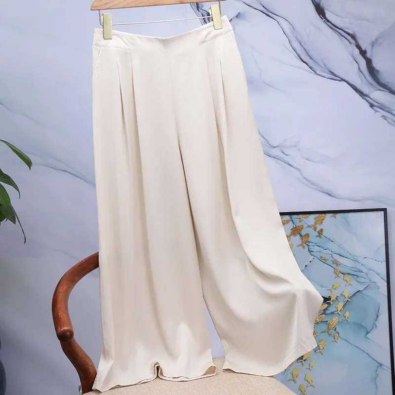 Tajiyane Wide-leg Pants Women's Heavyweight Double Joe Stretch Silk Pants  Elastic Waist Loose White Pants Women Trousers FCY124