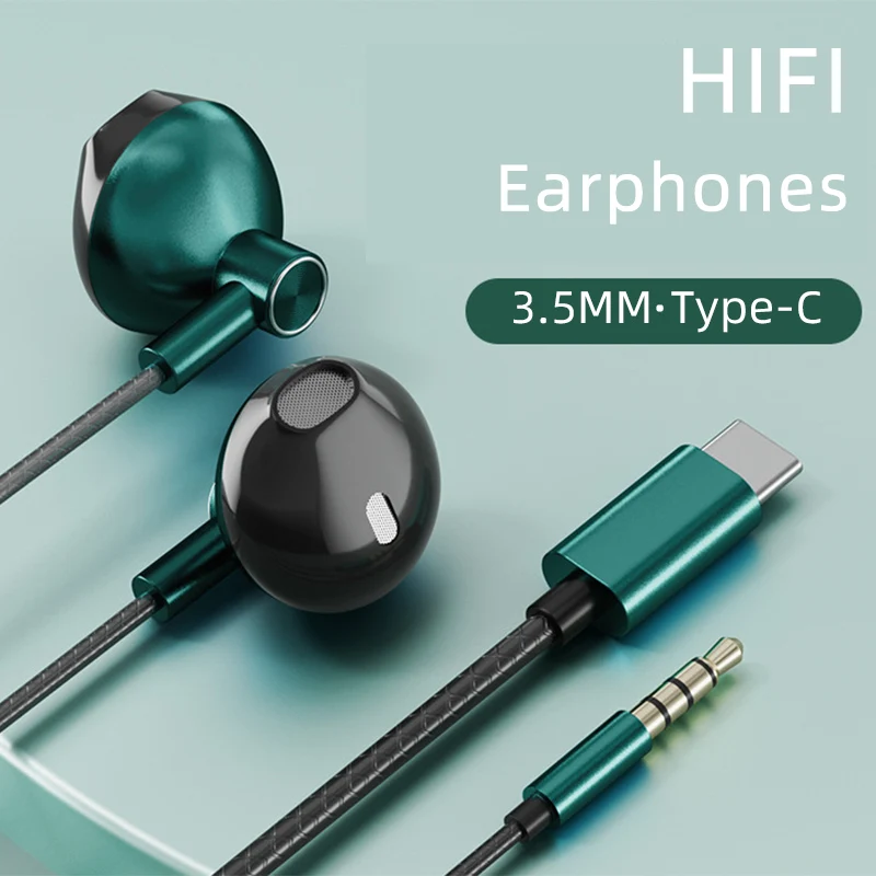 Universal Type C In-Ear Wired Headphones, Stereo, Sport, Music Earbud, Handfree Headset, Earphones com microfone, Xiaomi, Huawei, 3,5mm