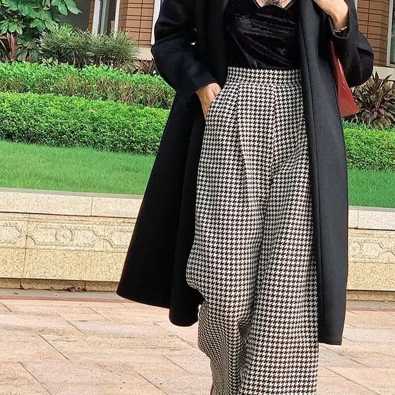 Winter Women Vintage Classic Houndstooth Woolen Cloth Straight Wide Leg Trousers Elegant Office Lady High Waist Loose Suit Pants