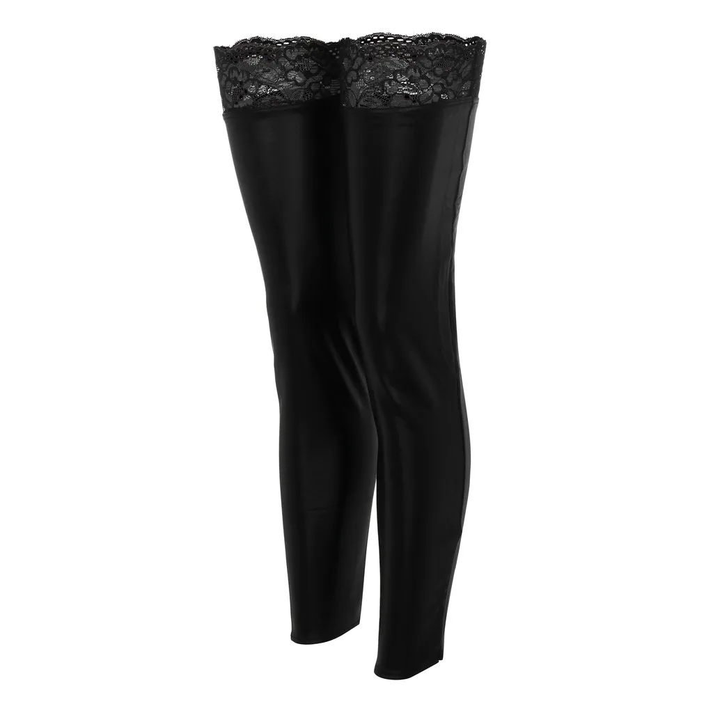 Leggings da donna delicati alla moda Leggings in pizzo in pelle verniciata solida in lattice Collant sexy in pizzo trasparente traslucido lenceria