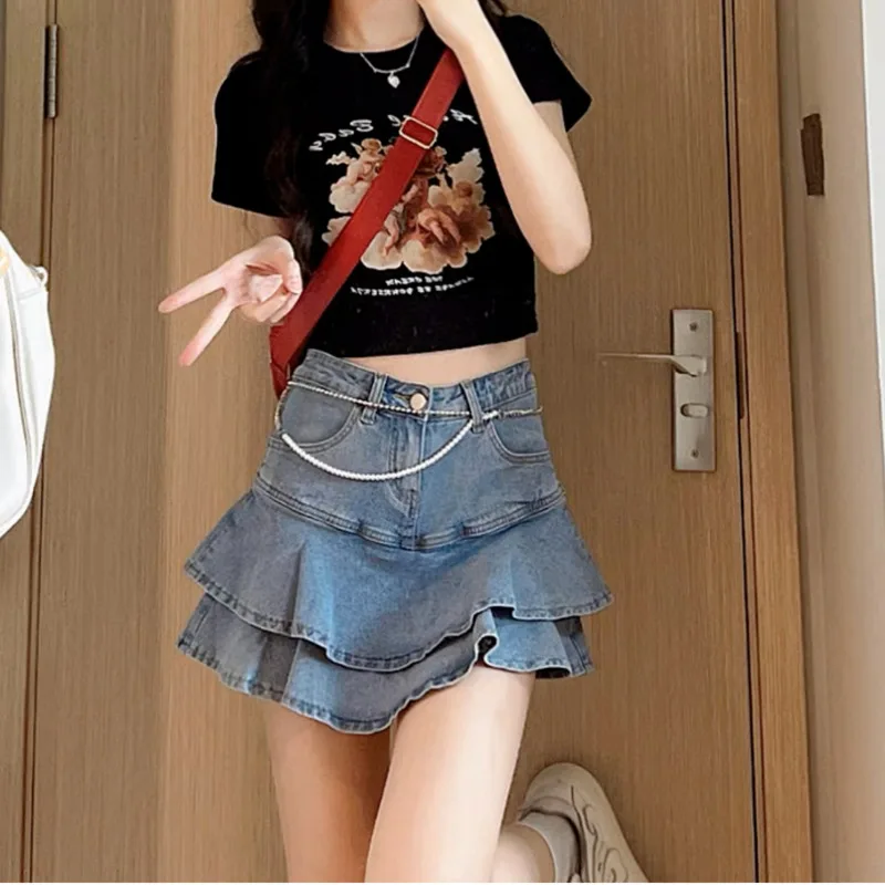 Lazy Skirt Harajuku Simple And Versatile Trend Women Ins Solid Color New A-type Midskirt High Waist Literary Denim Skirt