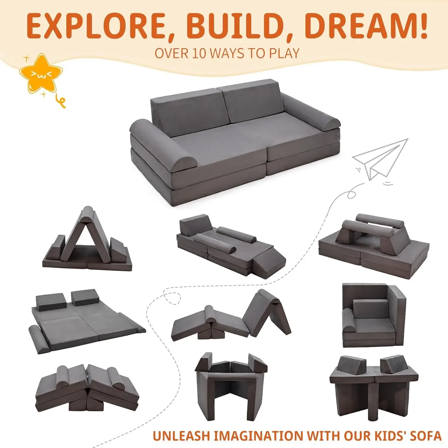 8pcs Modular Kids Couch, Toddler Play Sofa for Playroom Bedroom, Convertible Foam and Floor Cushion for Boys & Girls, Gray