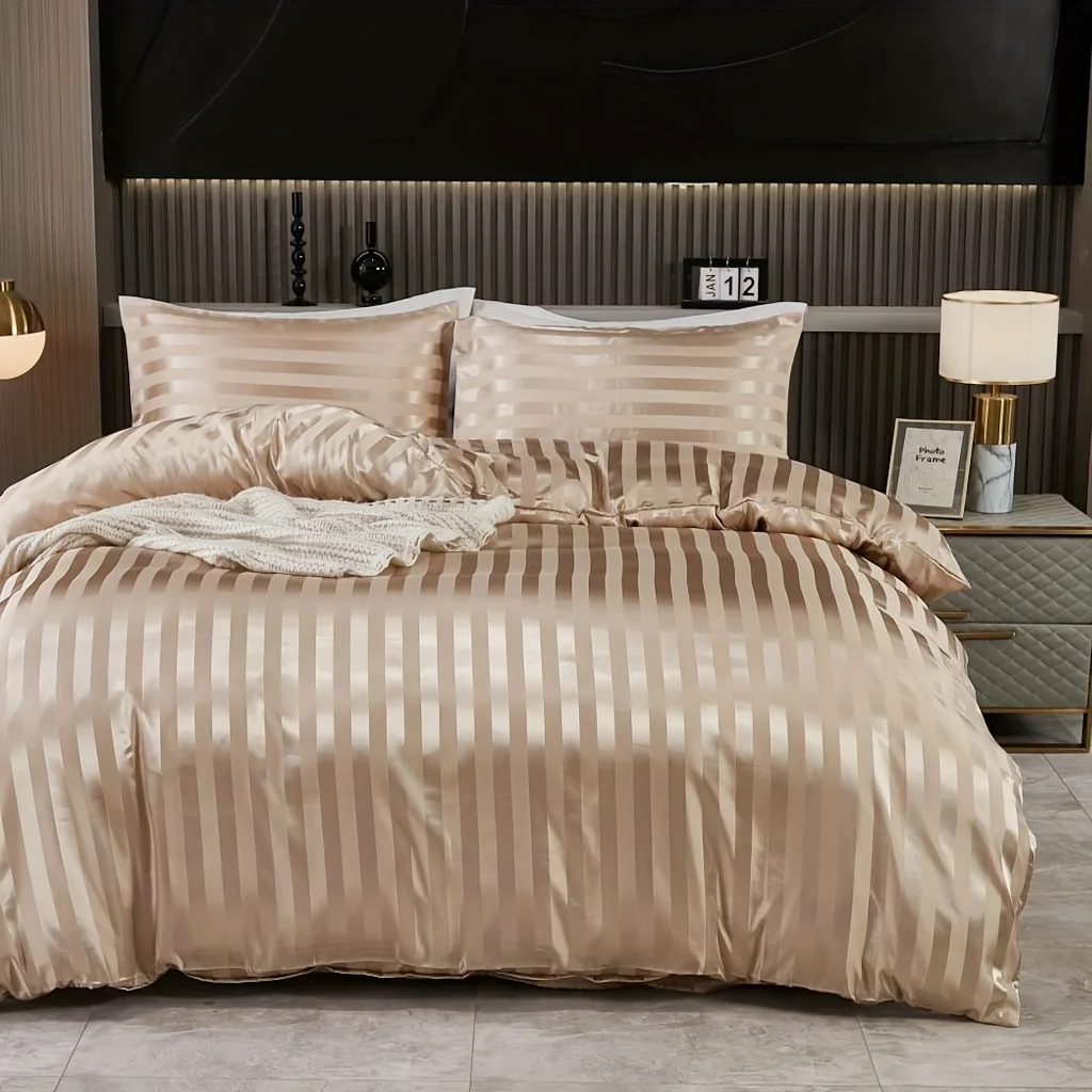 3 pieces of simple and classic satin striped duvet cover set, suitable for bedrooms, dormitories and hotels, holiday gifts