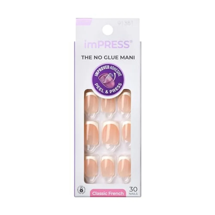 Kiss Impress No Glue Mani Press On Nails, Model, Classic French Manicure Kit, 30 Light Neutral + White Tip, Short Squoval, With