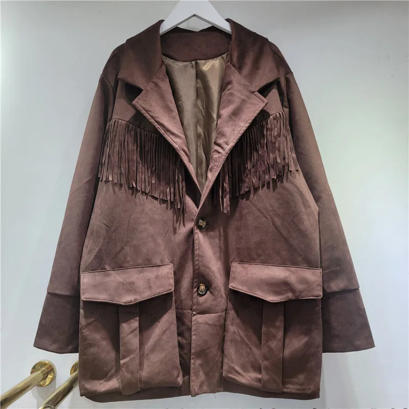 

SuperAen European and American Style 2025 Autumn New Pocket Tassel Spliced Suedette Jackets Women's Casual Notched Coats