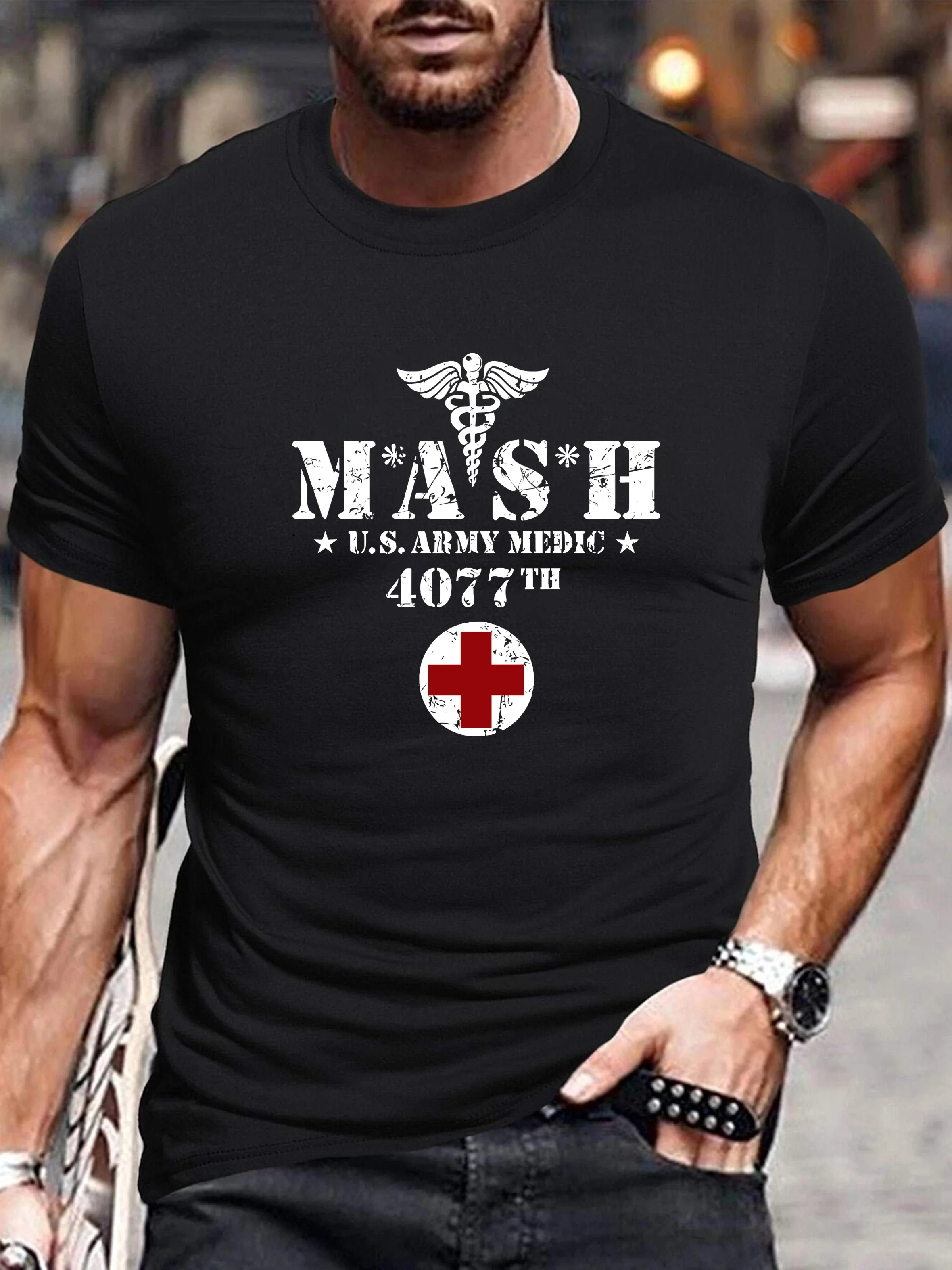 

MASH Print Men's Crew Neck Short Sleeve Plus Size T-shirt, Comfy Versatile Top, Leisurewear