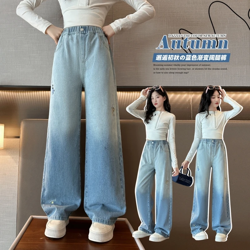 

Girls' Light Blue Gradient Jeans / Straight Leg Jeans / Loose Fit / Long Pants for Fall / 7-14Y School / Back to School