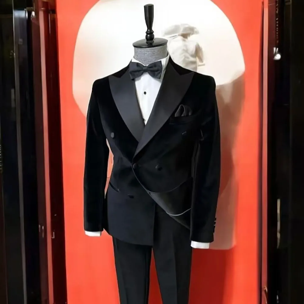 Black Velvet Wedding Suit for Men 2-piece Set Peak Lapel Jacket Pants Custom Slim Fit for Grooms Male Prom Party Tuxedo