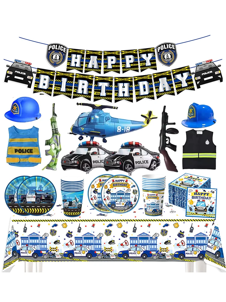 Polizei-Geburtstagsparty-Dekorationen Polizei-Party-Teller Becher Servietten Polizeibeamter und Auto-Ballons Polizei-Themen-Party-Zubehör – Detail 1