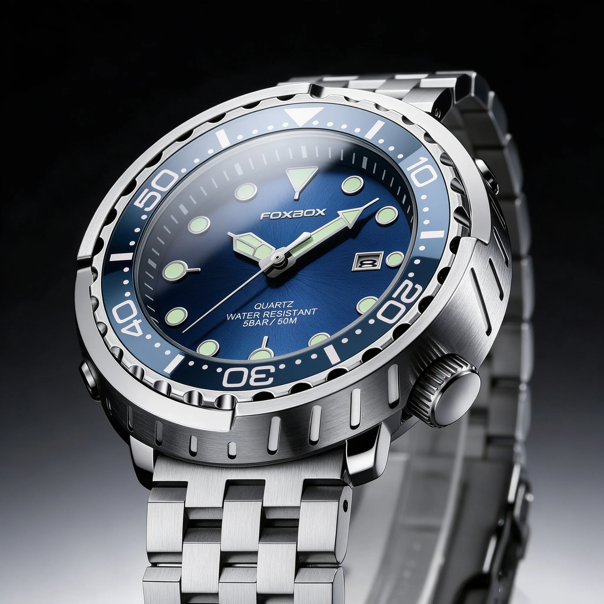FOXBOX Man Wristwatches Sports 5ATM Waterproof Watch Man Rotatable Bezel Super Luminous Stainless Steel Quartz Watch for Men