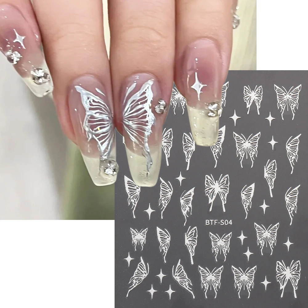 Holographic Butterfly Nail Stickers Silver Chrome Effect Laser Stars Sliders For Nails Adhesive Decal Flowers Manicure GLBTF-S04