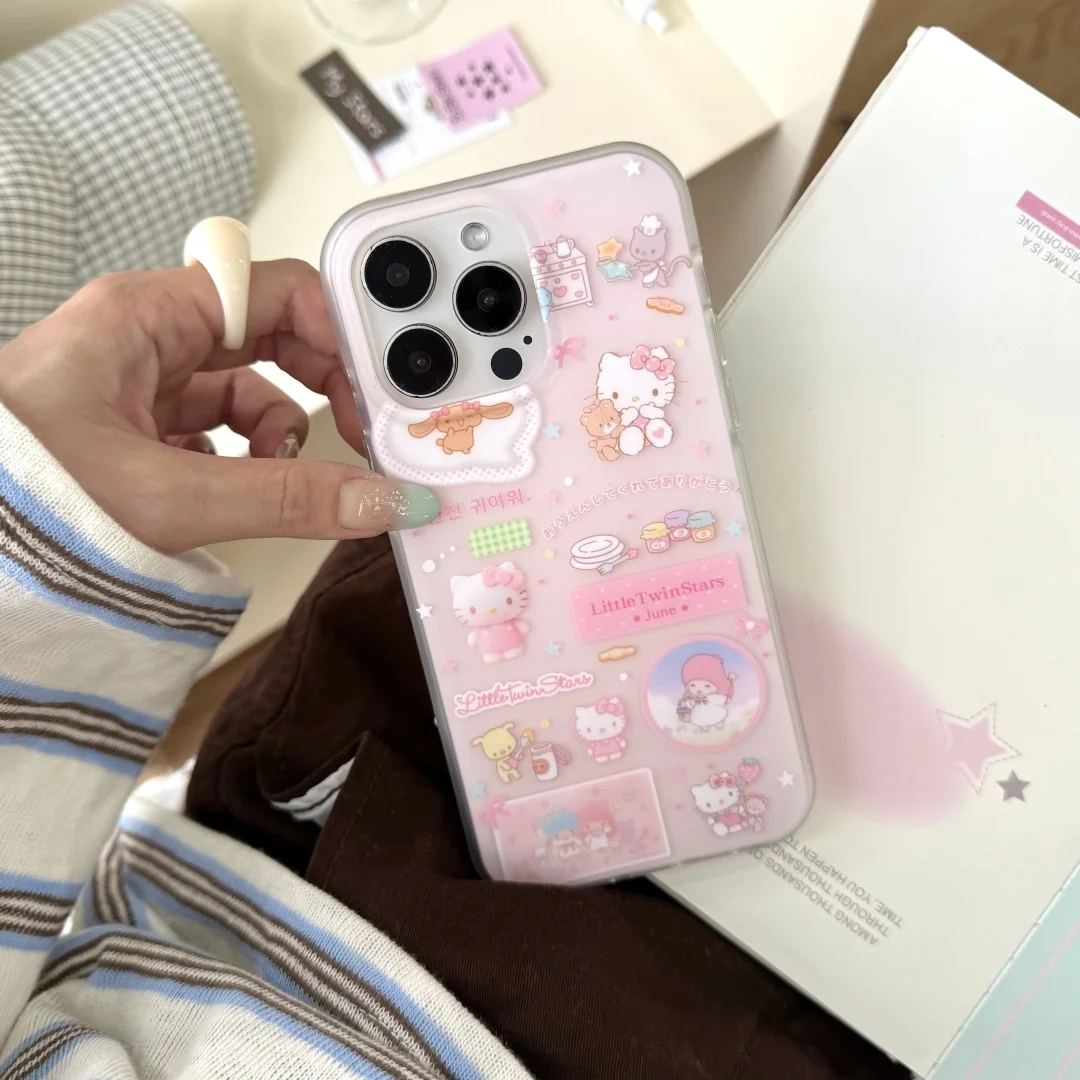 

Kawaii Jelly pink Cute Hello Kitty Korea Phone Case For iphone 16 15 14 13 Pro Max Cartoon Lovely Little Twin Stars Cover