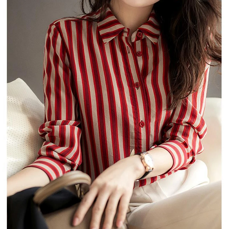 Red Striped Shirt Tops Spring New Long Sleeve Button All-match Youth Temperament Loose Blouse Elegant Vintage Women Clothing