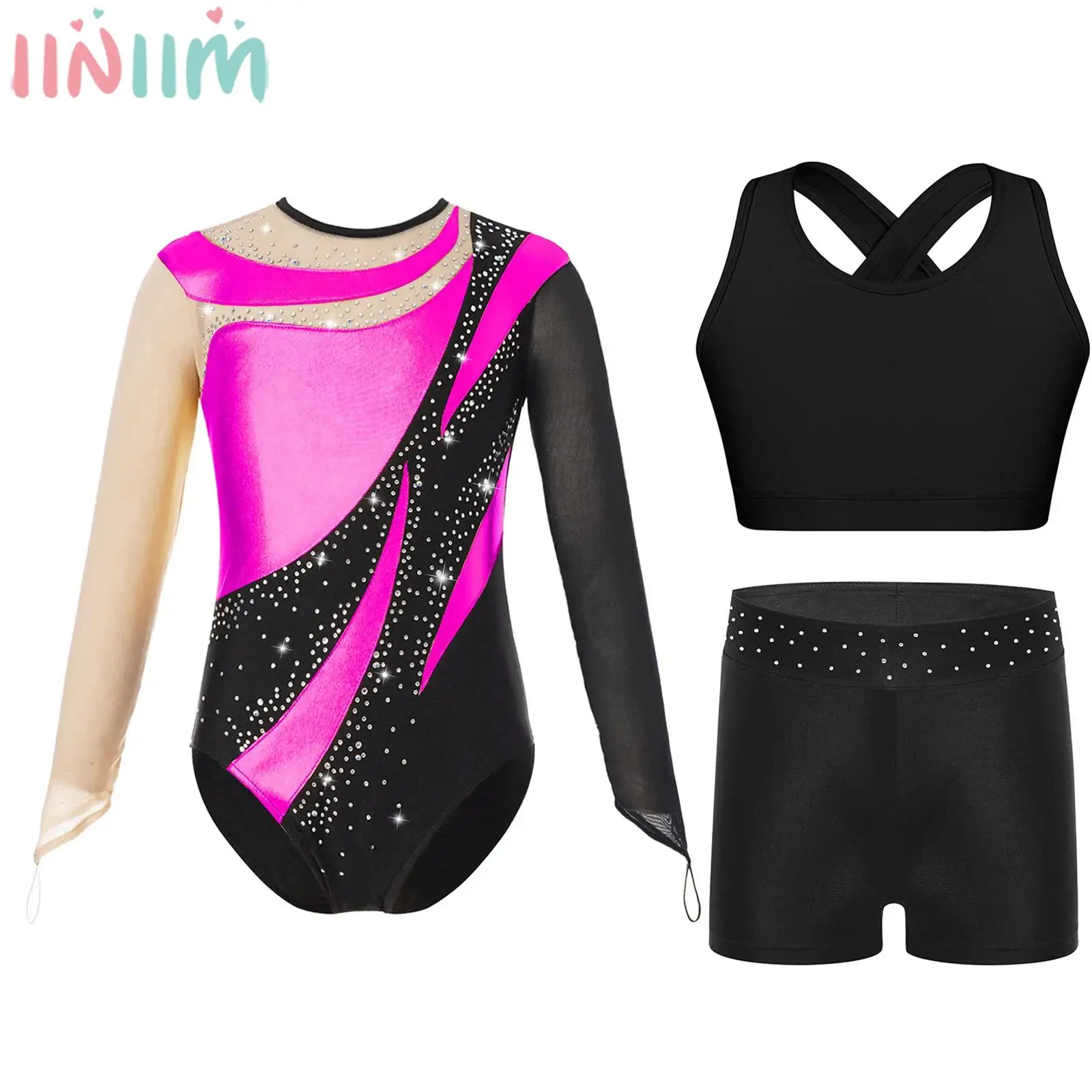

Kids Girls Ballet Dance Skating Gymnastics Yoga Acrobatics Sports Set Long Sleeve Leotard with Vest Shorts Dancewear Sportswear
