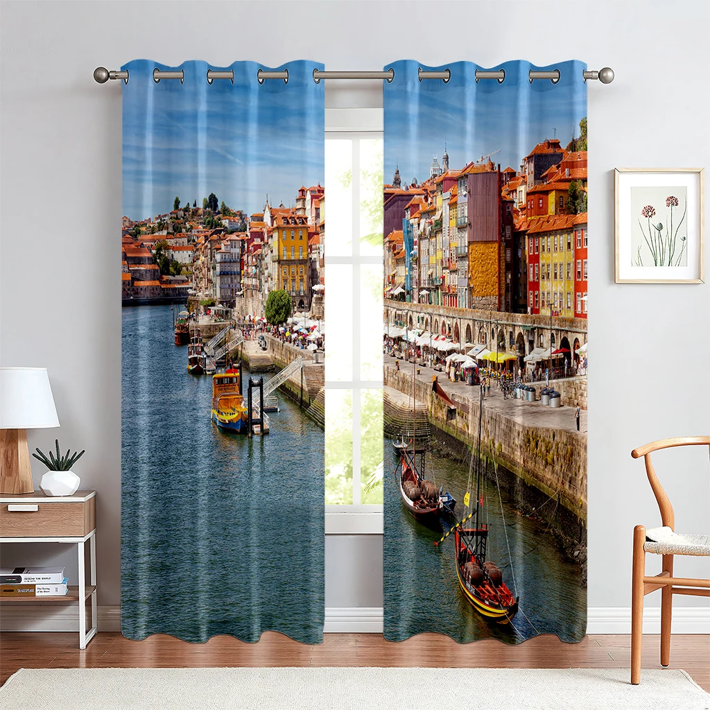 City Building 3D Printed Curtains Street View River View Black And White Hand-Painted Industrial Style Living Room Curtains 2PCS