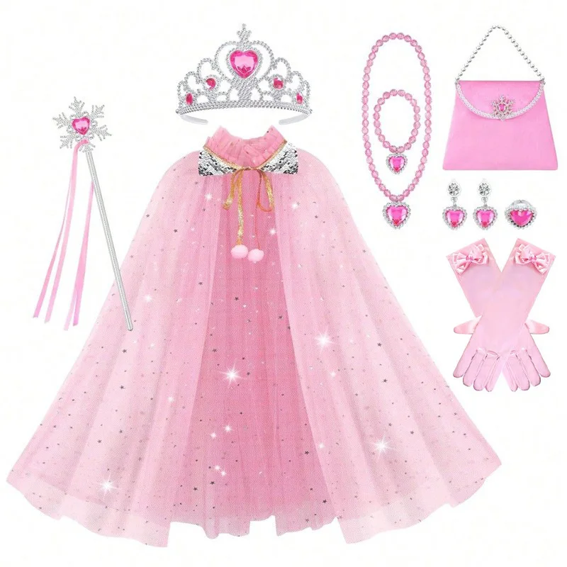 Fashion Kids Crown Ring Magic Wand Bag Cloak Shawl Set Princess Headdress Dress Up Girls Crown Hair Accessories Holiday Gifts