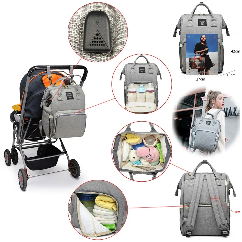 Lequeen Baby Diaper Bag with USB Interface Large Waterproof Nappy Kits Mummy Maternity Travel Backpack Nursing Hook