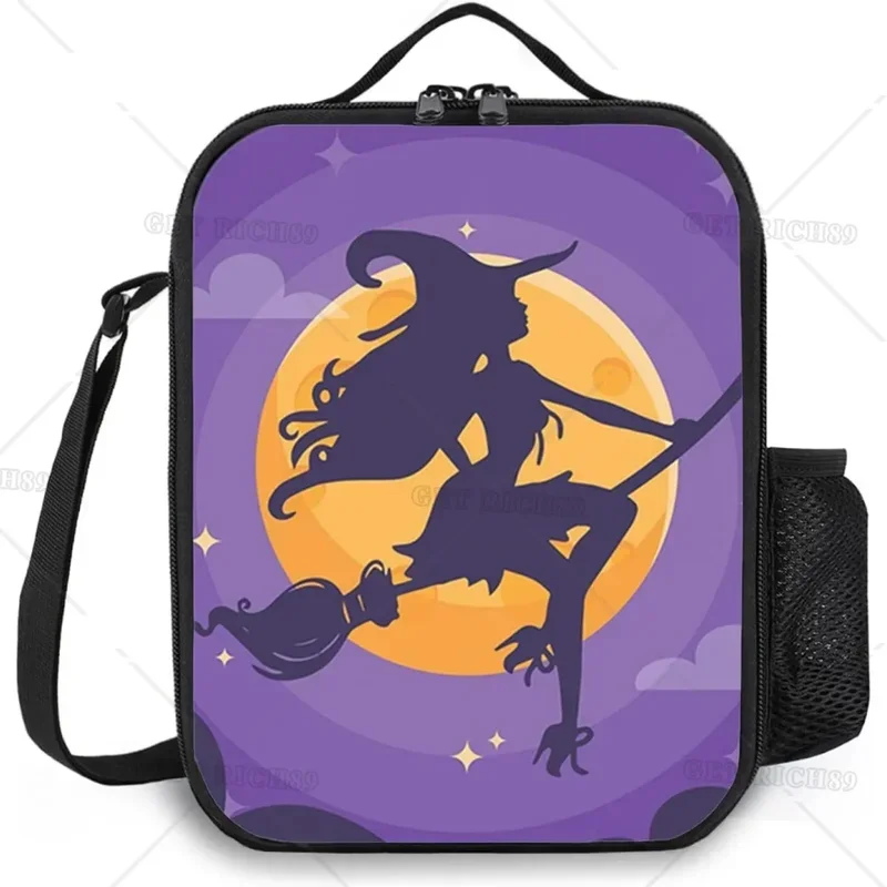 

Halloween of A Witch on Broom Dark Purple Lunch Bag Insulated Lunch Box Reusable Durable Tote Bag for Adult Men Women Work