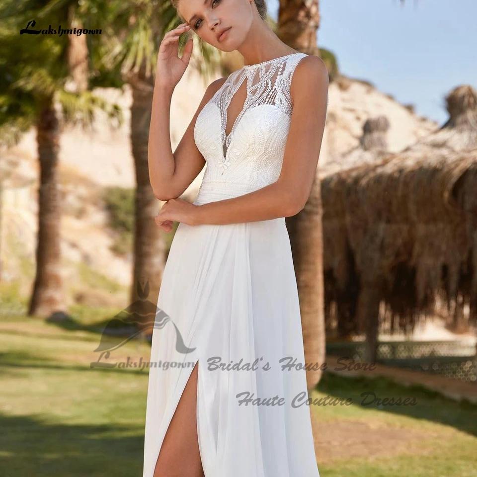 Lakshmigown Vintage rückenfreie Strandhochzeitskleider mit seitlichem Schlitz 2024, Vestidos Civil Boho Brautkleider nach Maß