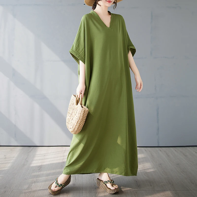 Bequemes, knielanges V-Ne-Baumwoll-Leinen-Kleid von Dr. Travel Vaion Sle mit lockerer Taille und S Sve in reiner Farbe