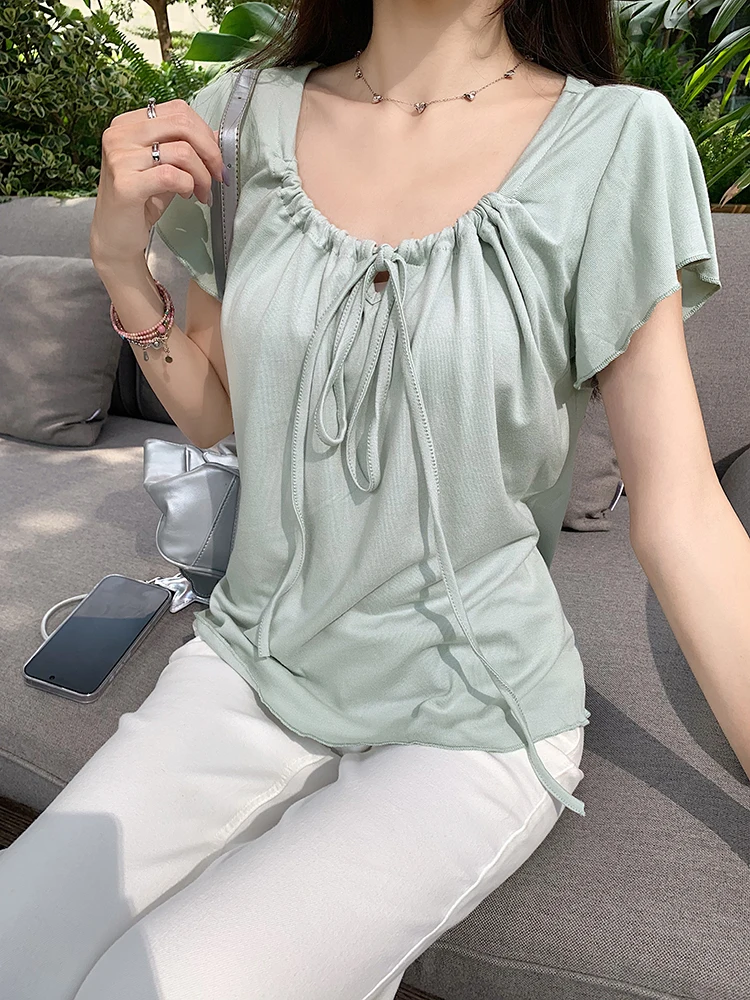 MosesQueen Summer Loose Slimming Casual Short Sleeve T-Shirt with Belt Wrinkles Comfortable Feeling Youthful round Neck Top
