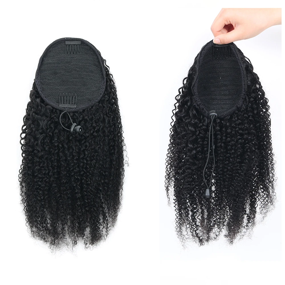 Natural Wavy Drawstring Ponytail Human Hair Brazilian Afro Clip In Extensions For Black Women Remy Natural Color Yepei Pony Tail