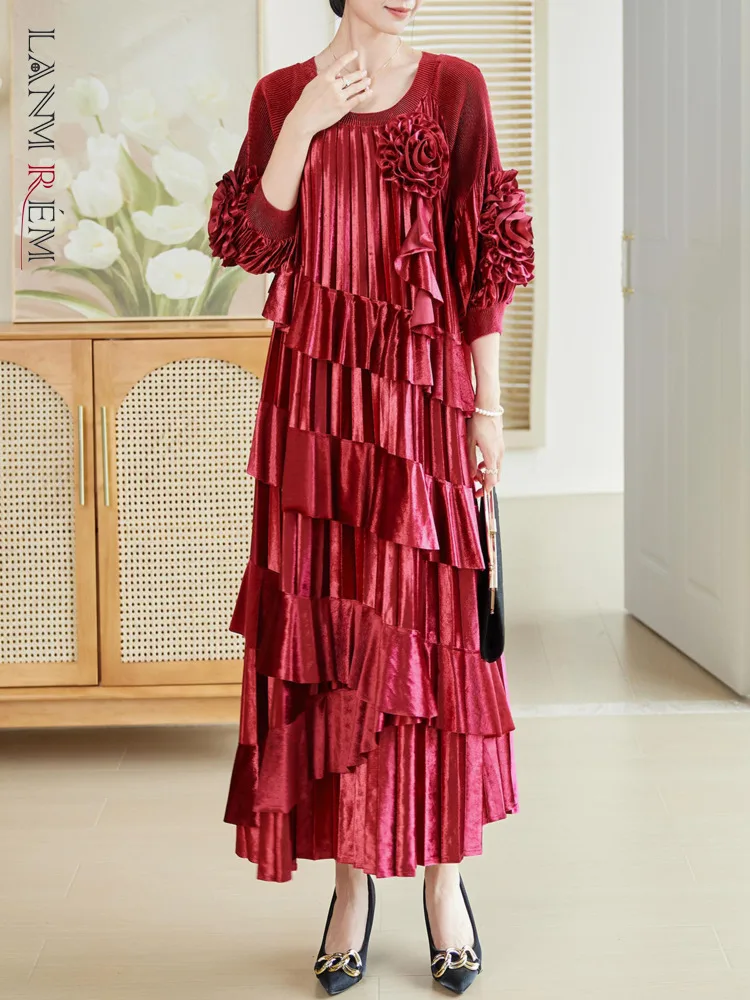 LANMREM New Fashion Pleated Dress Round Neck Sticthing Ruffles Loose Wedding Evening Dresses Women's Elegant Clothing 2DB1915