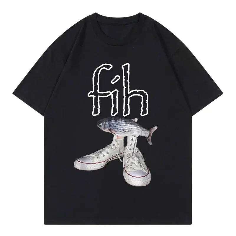 

Новый стиль Fih ShoesФутболка с графическим принтом Funny Misspelled Fish Meme Футболка Мужская и женская хлопковая повседневная футболка с короткими рукавами