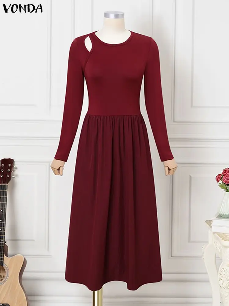 Fashion Vestisos VONDA Elegant Women Office Lady Long Dresses Autumn Long Sleeve Hollow Out Sexy 2025 Solid Patchwork Midi Robe