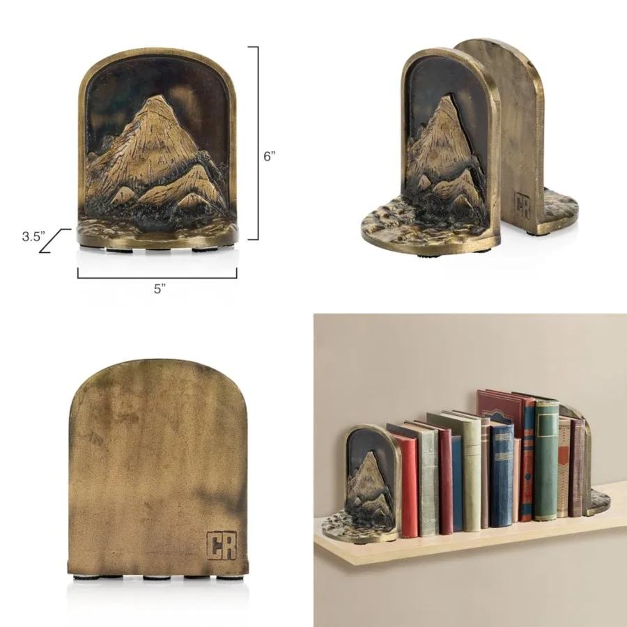 

Cast Iron Mountain Bookends Set, Antique Brass Book Ends, 2 Decorative Book Holders for Shelves or Bookcase, Stylish Brass, Non