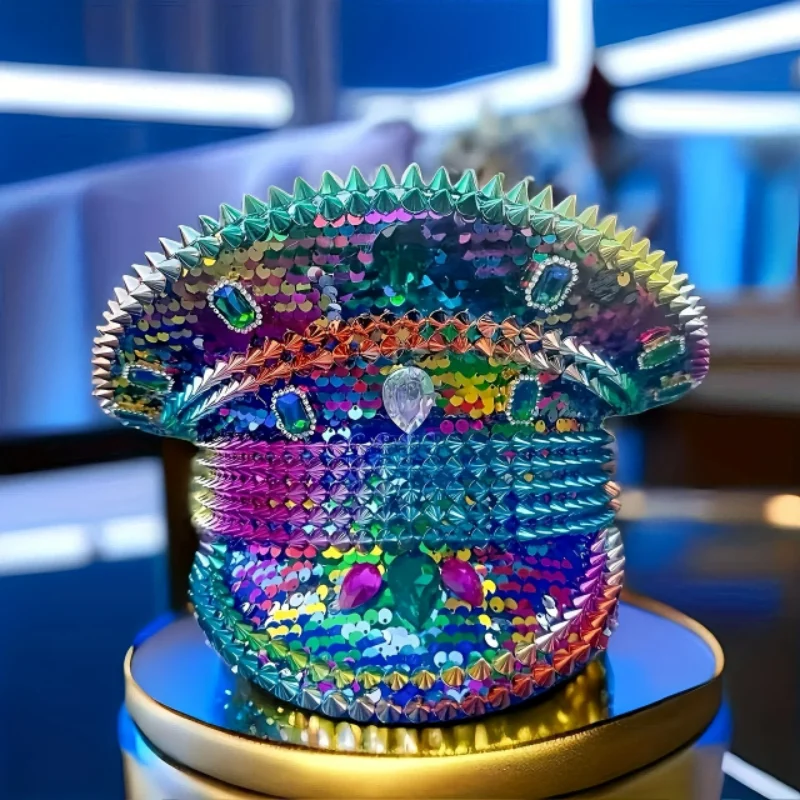 

Steampunk Captain Hat Rhinestone for Carnival, Mardi Gras, Vintage Military Accessories & Cap for Men & Women