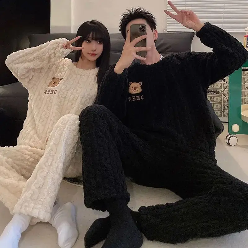 

Flannel Women Pyjamas Thick Coral Velvet Long Sleeve Cartoon Sleepwear Couples Pajamas Set Two Pieces Men Solid Soft Casual Home