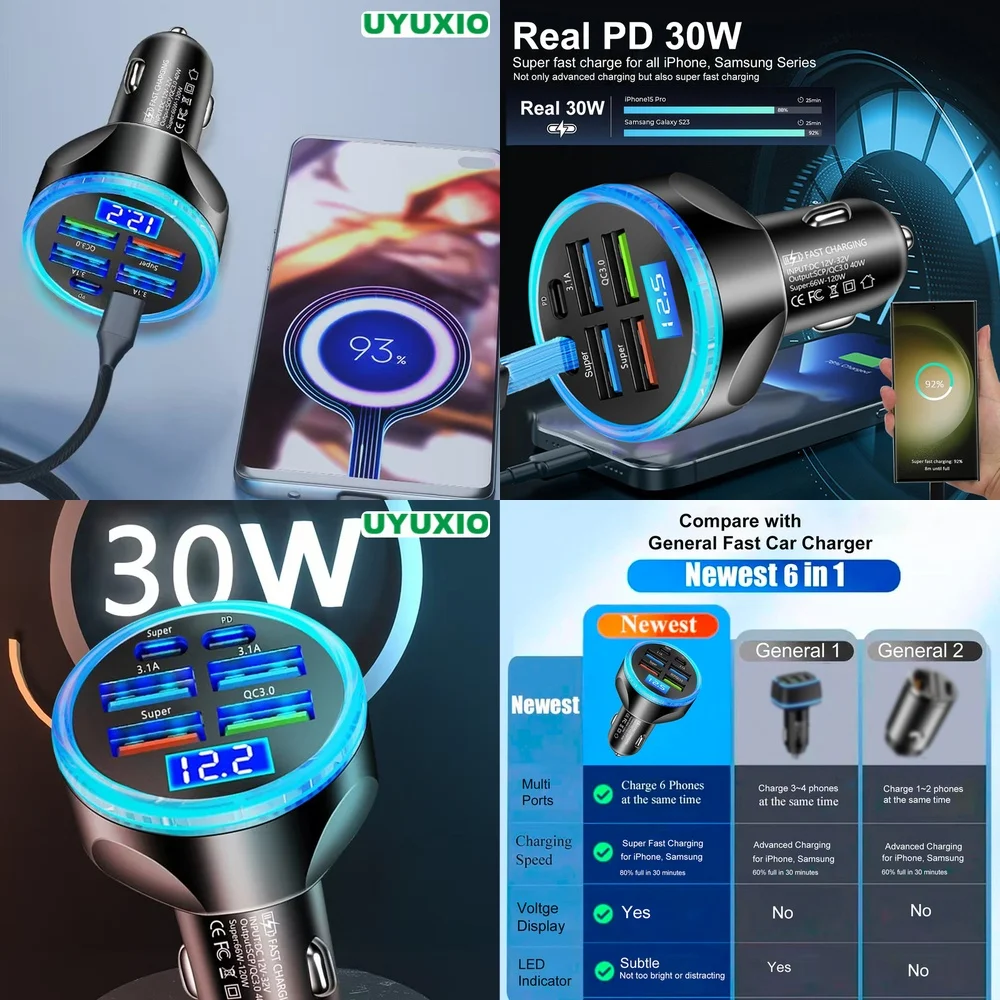 Carregador Veicular de 6 Portas com Carregamento Super Rápido, Chip Inteligente IC, Display Digital LED, Tomada PD 30W para iPhone 17 16 15 14 Pro Max Plus